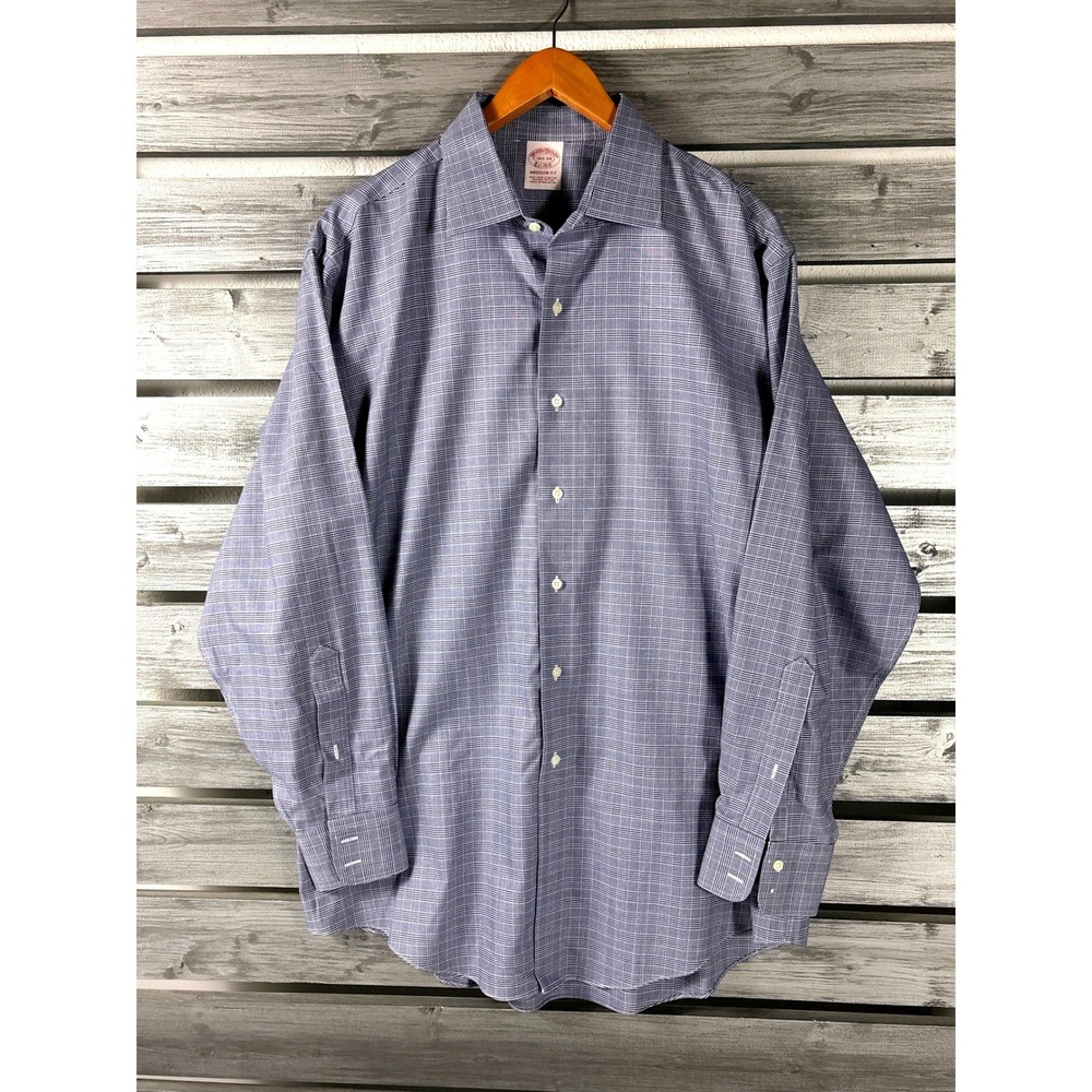 Brooks Brothers Madison Fit Glen Plaid Non-Iron Stretch Dress Shirt 16.5 34 Blue